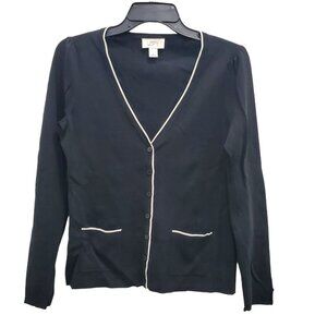 Ann Taylor LOFT Women's Black Knit White‎ Trim Button Up Academia Cardigan Sz S